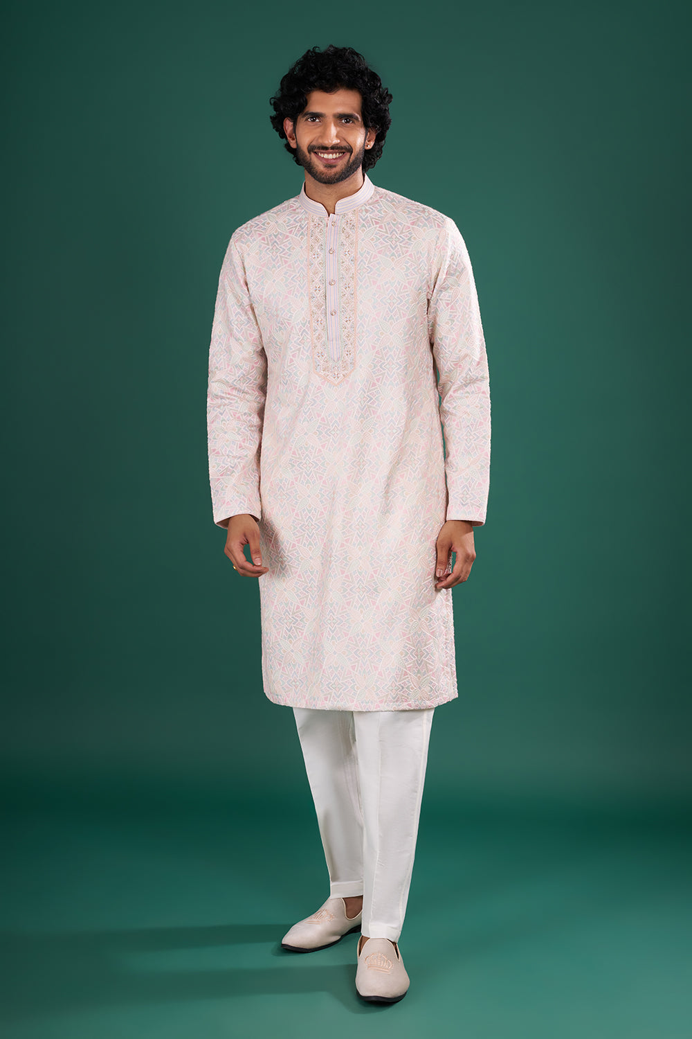 Pastel Pink Men's Embroidered Silk Blend Kurta Set