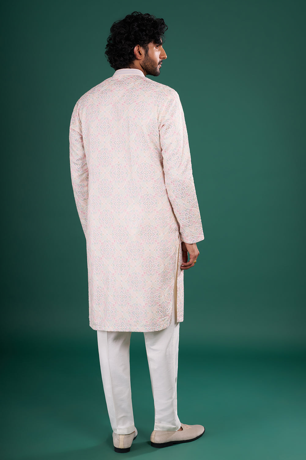 Pastel Pink Men's Embroidered Silk Blend Kurta Set