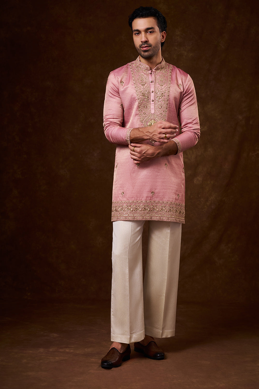 Pastel Pink Tissue Silk Men's Kurta Set with Resham Work