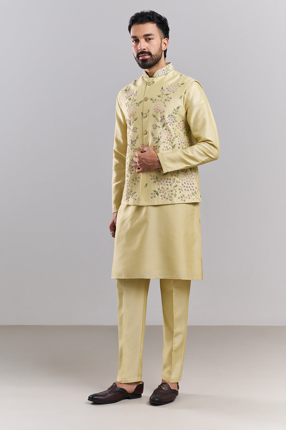 Pastel Yellow Nokia Silk Men’s Kurta with Embroidered Jacket