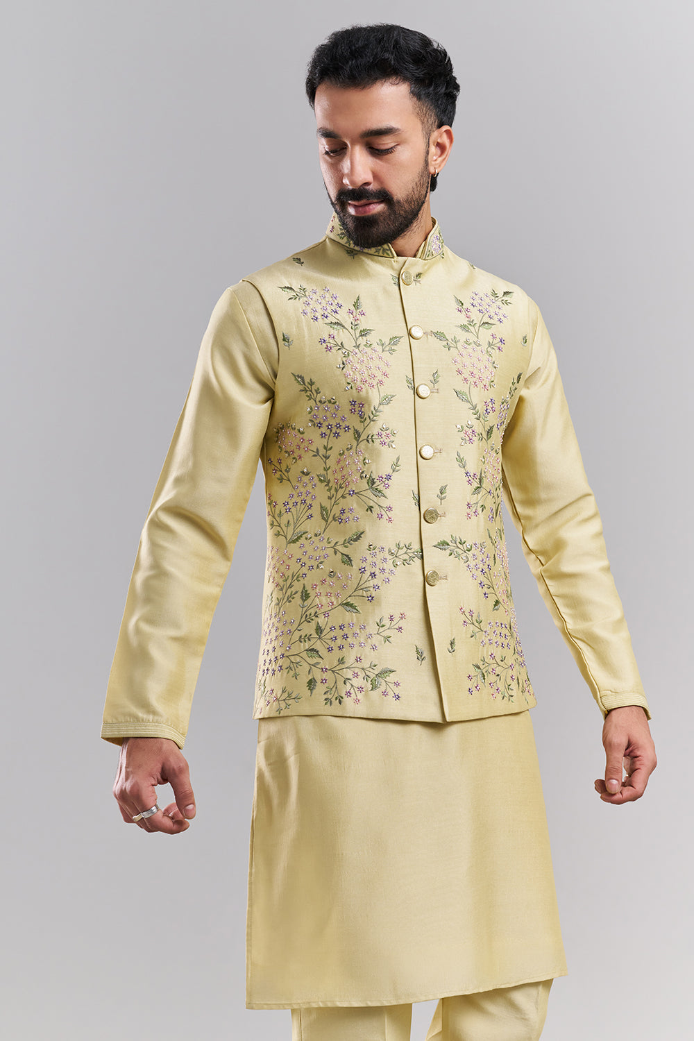 Pastel Yellow Nokia Silk Men’s Kurta with Embroidered Jacket