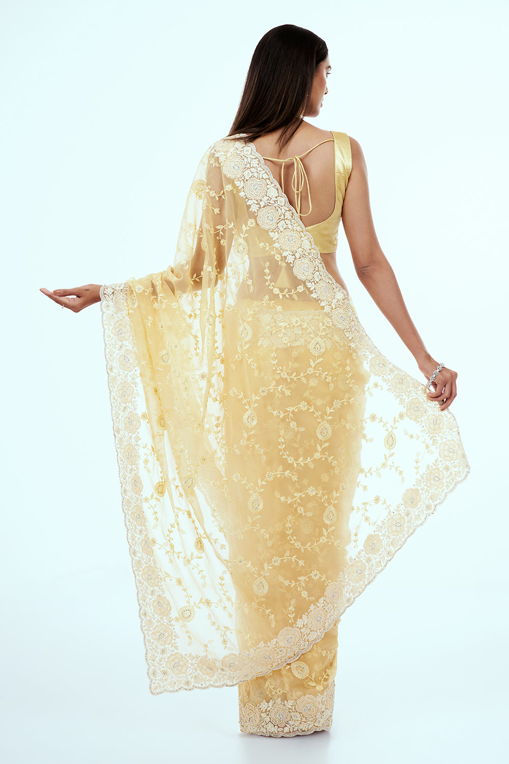 Pastel Yellow Organza Saree with Resham Embroidery