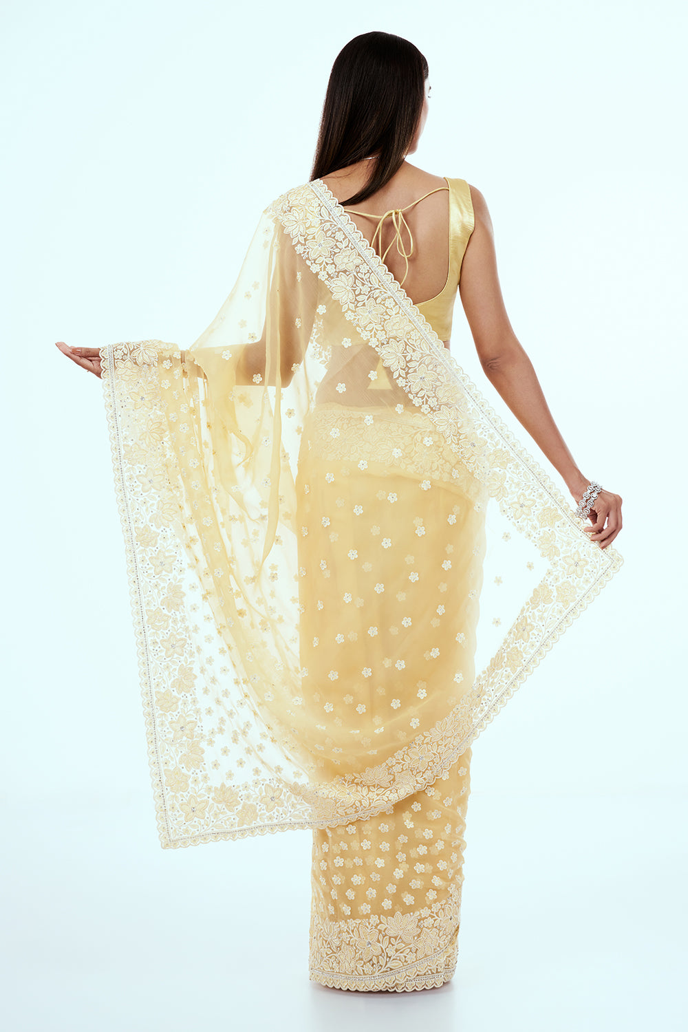 Pastel Yellow Organza Saree with Resham Embroidery and Butti Work