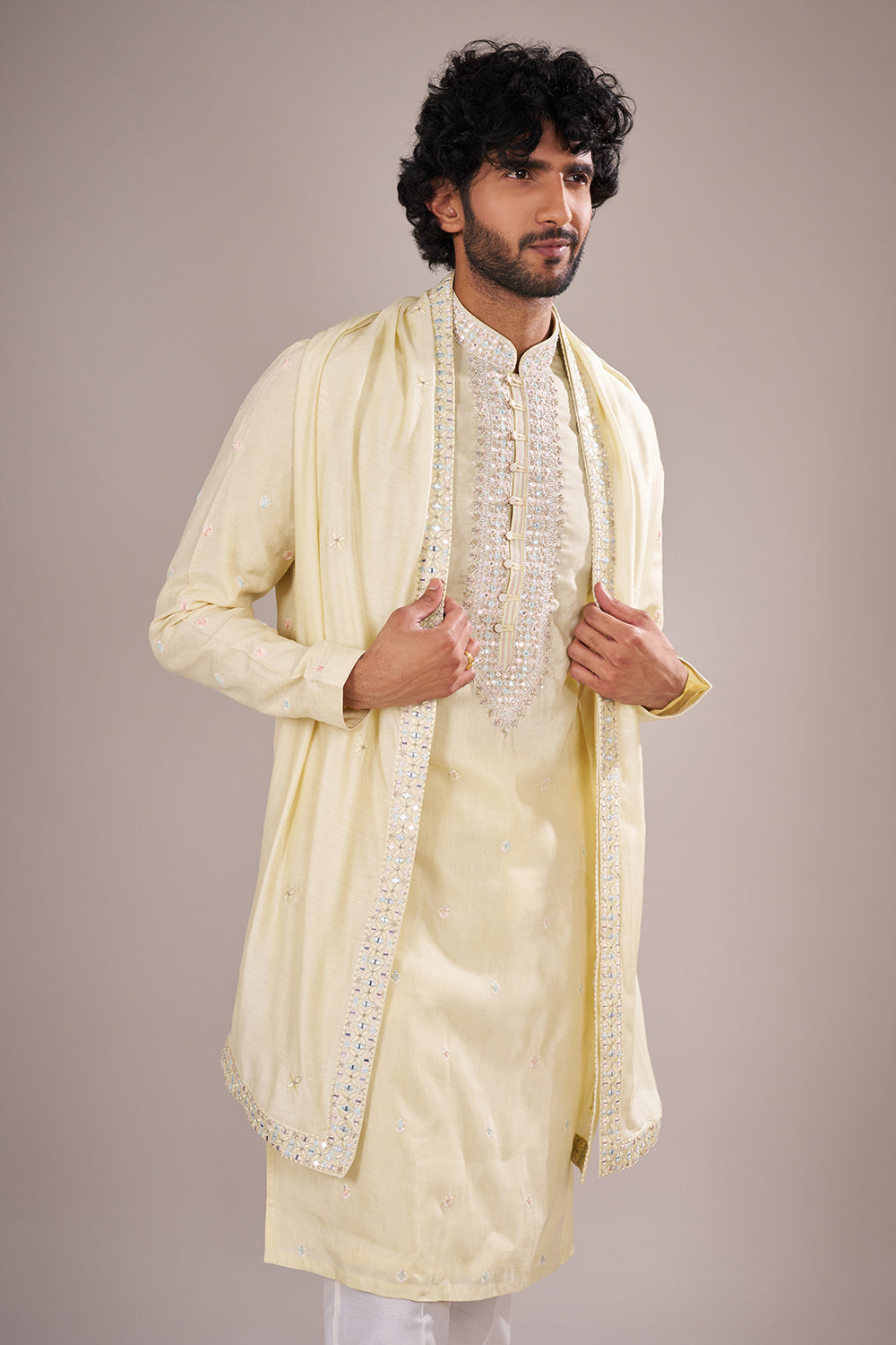 Pastel Yellow Silk Kurta Set with Bead Embroidery