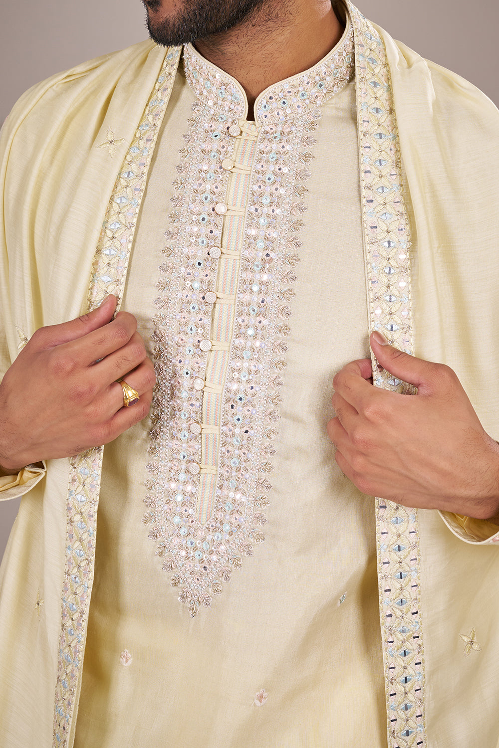 Pastel Yellow Silk Kurta Set with Bead Embroidery
