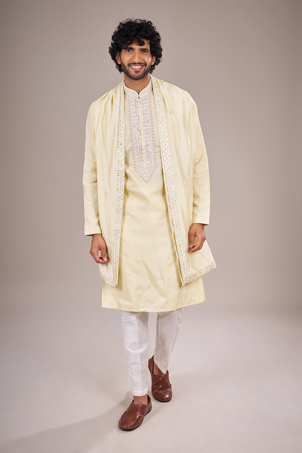 Pastel Yellow Silk Kurta Set with Bead Embroidery