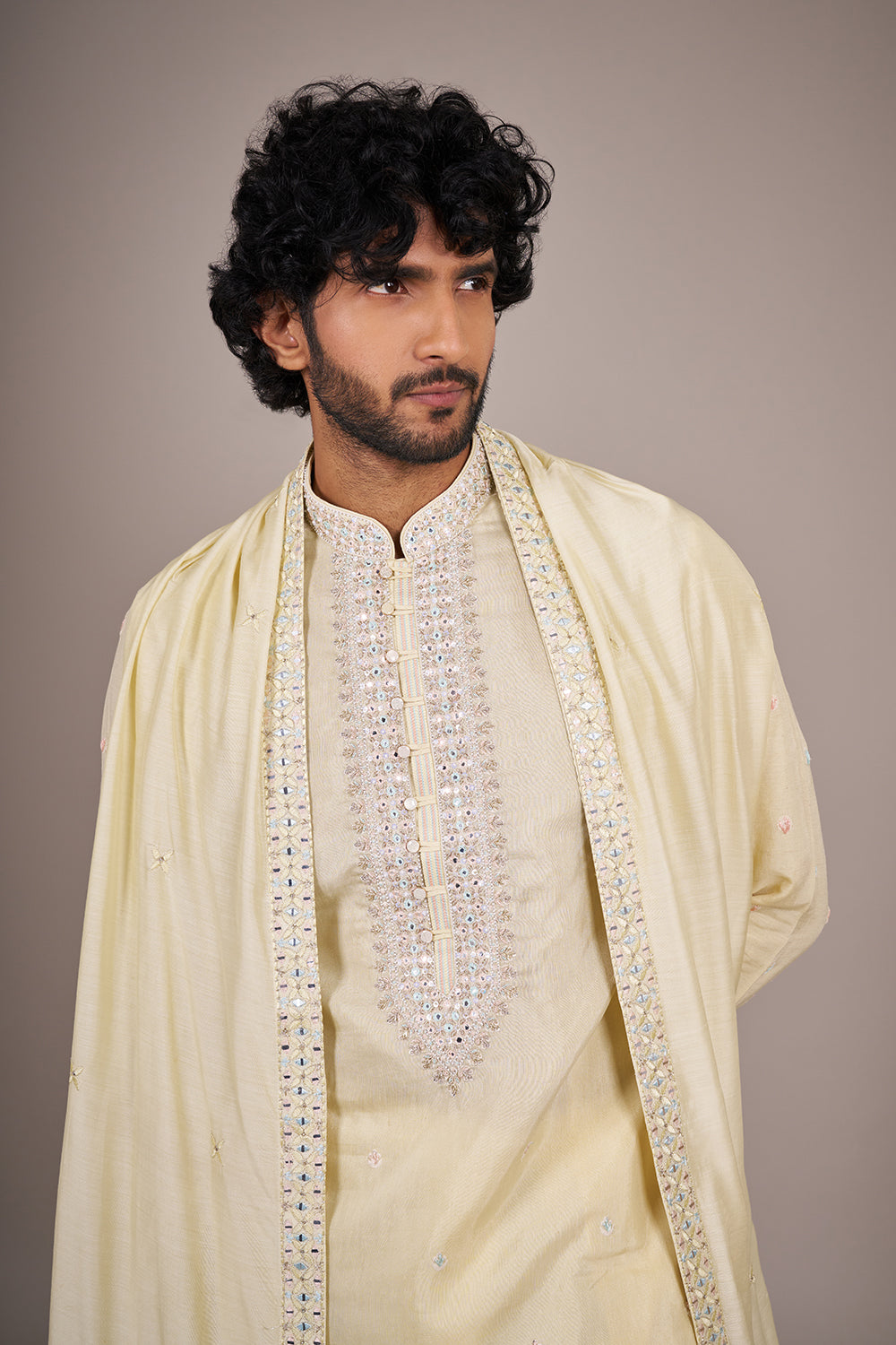 Pastel Yellow Silk Kurta Set with Bead Embroidery
