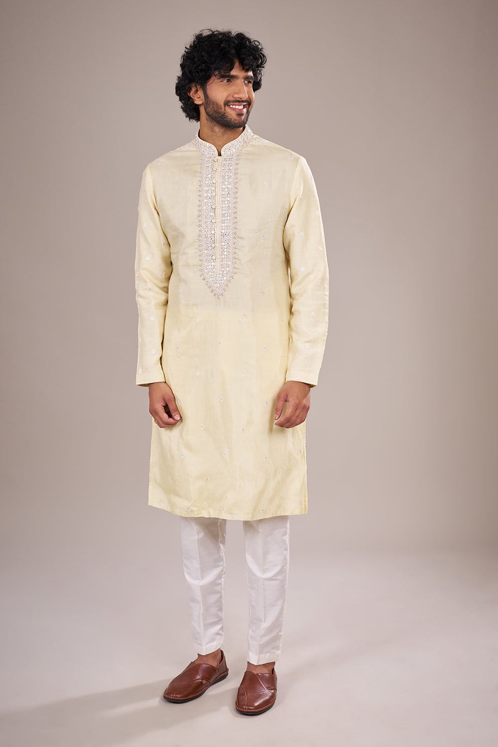Pastel Yellow Silk Kurta Set with Bead Embroidery