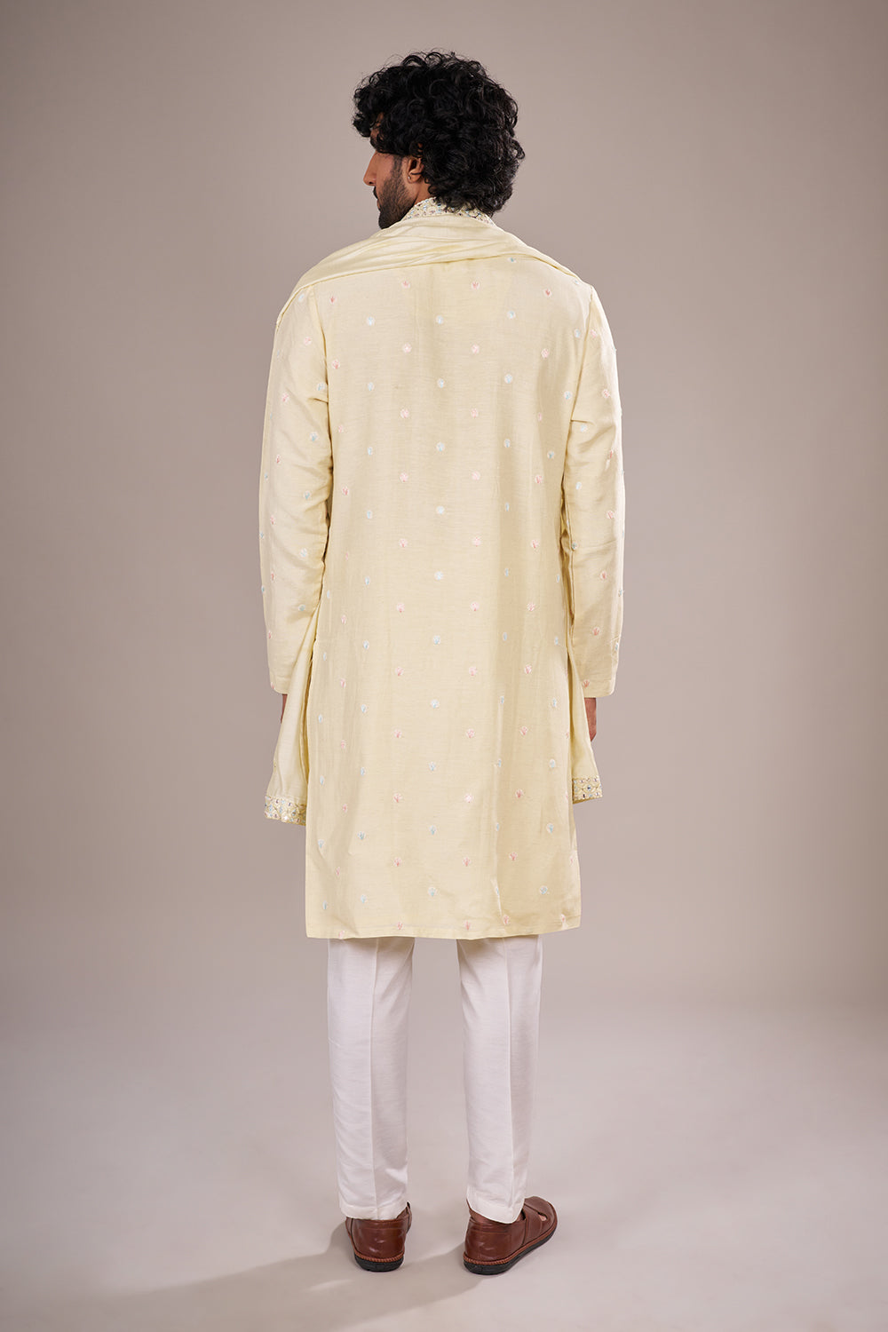 Pastel Yellow Silk Kurta Set with Bead Embroidery