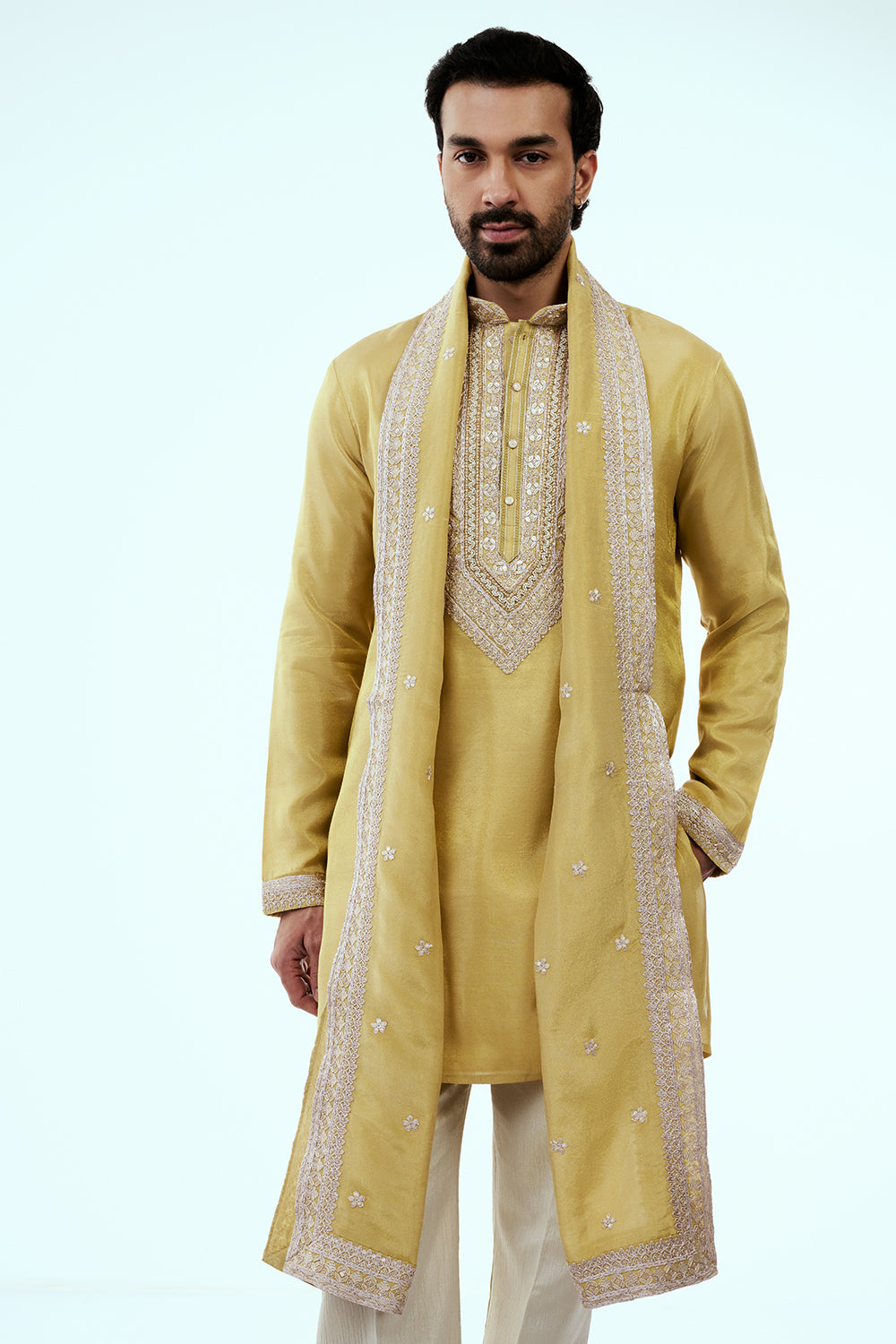 Pastel Yellow Tissue Mens Kurta Set in Dori Work with Dupatta