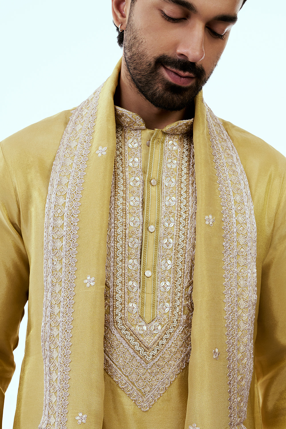 Pastel Yellow Tissue Mens Kurta Set in Dori Work with Dupatta