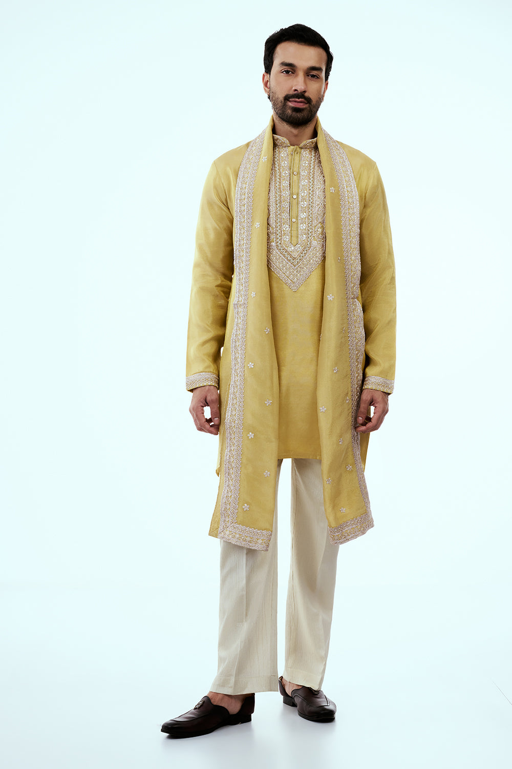 Pastel Yellow Tissue Mens Kurta Set in Dori Work with Dupatta