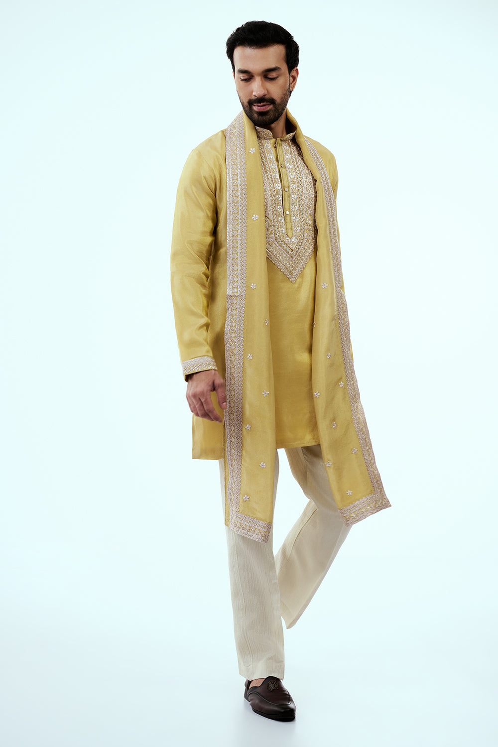 Pastel Yellow Tissue Mens Kurta Set in Dori Work with Dupatta