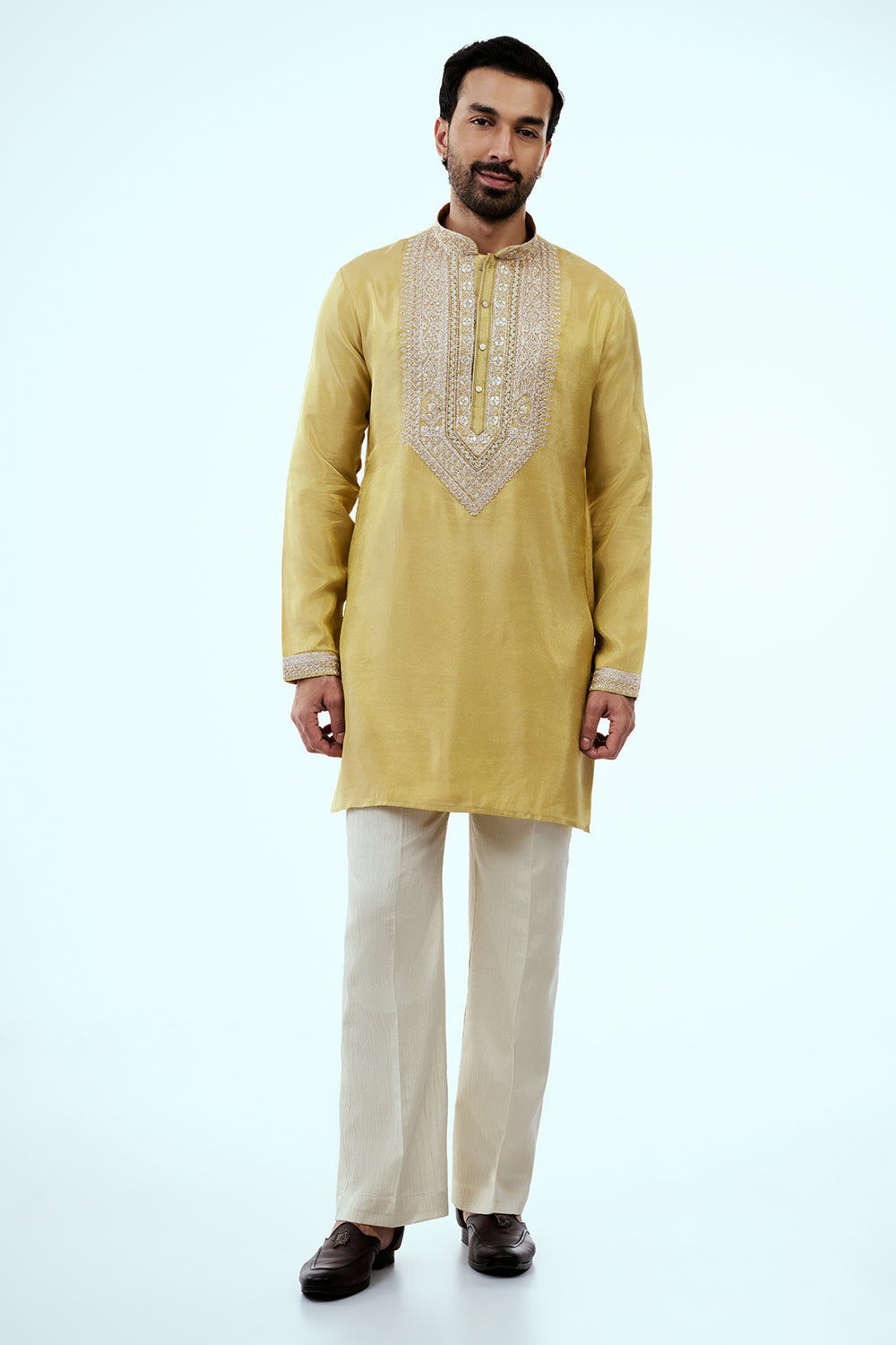 Pastel Yellow Tissue Mens Kurta Set in Dori Work with Dupatta