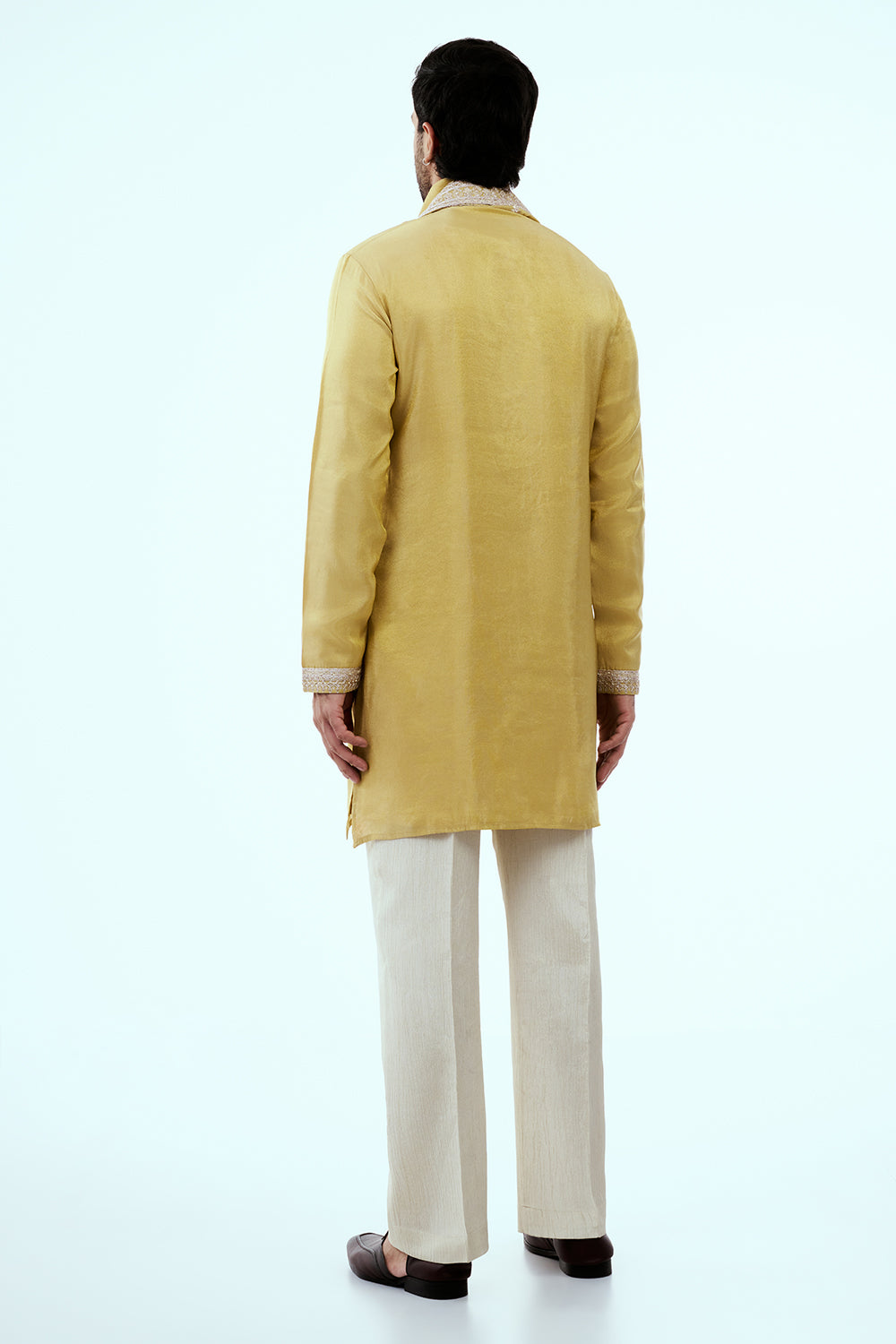 Pastel Yellow Tissue Mens Kurta Set in Dori Work with Dupatta
