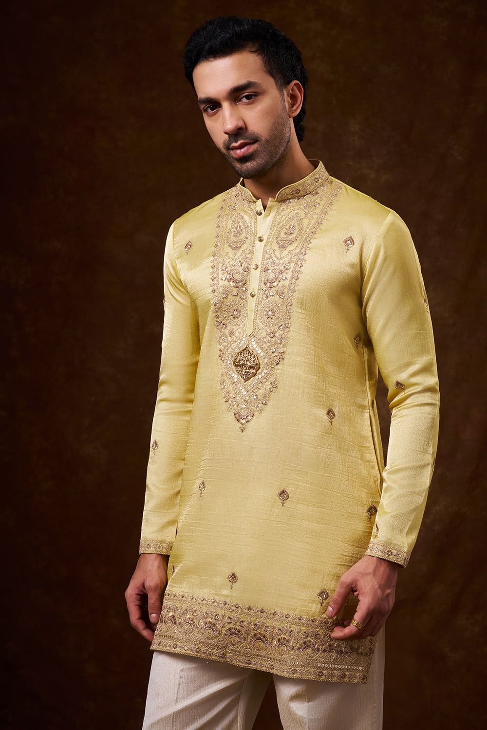 Pastel Yellow Tissue Silk Men's Kurta Set with Resham Work