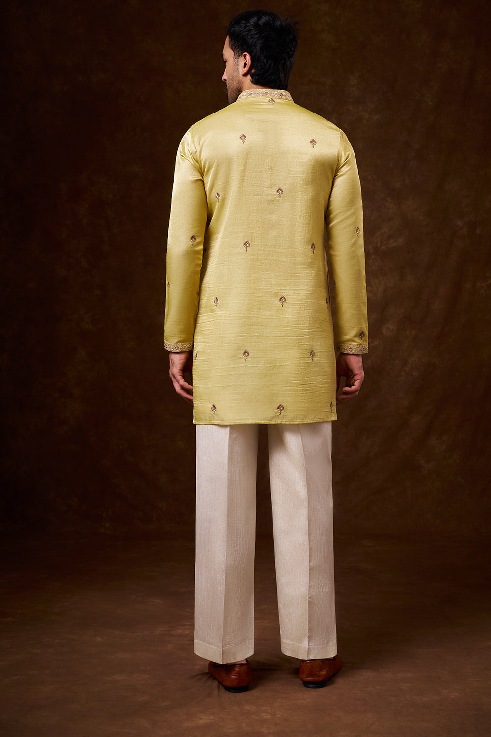 Pastel Yellow Tissue Silk Men's Kurta Set with Resham Work