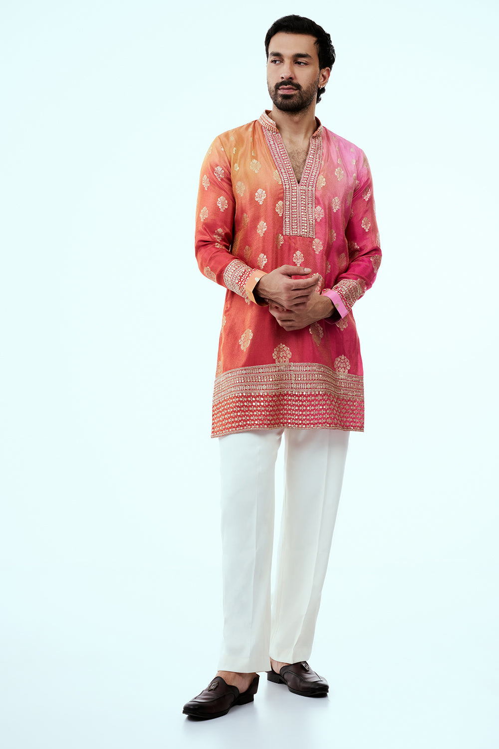 Peach and Pink Ombre Kurta with Golden Floral Buti Motifs