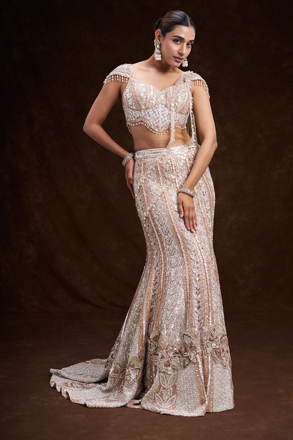 Peach and Silver Net Bridal Lehenga with 3D Floral Embroidery