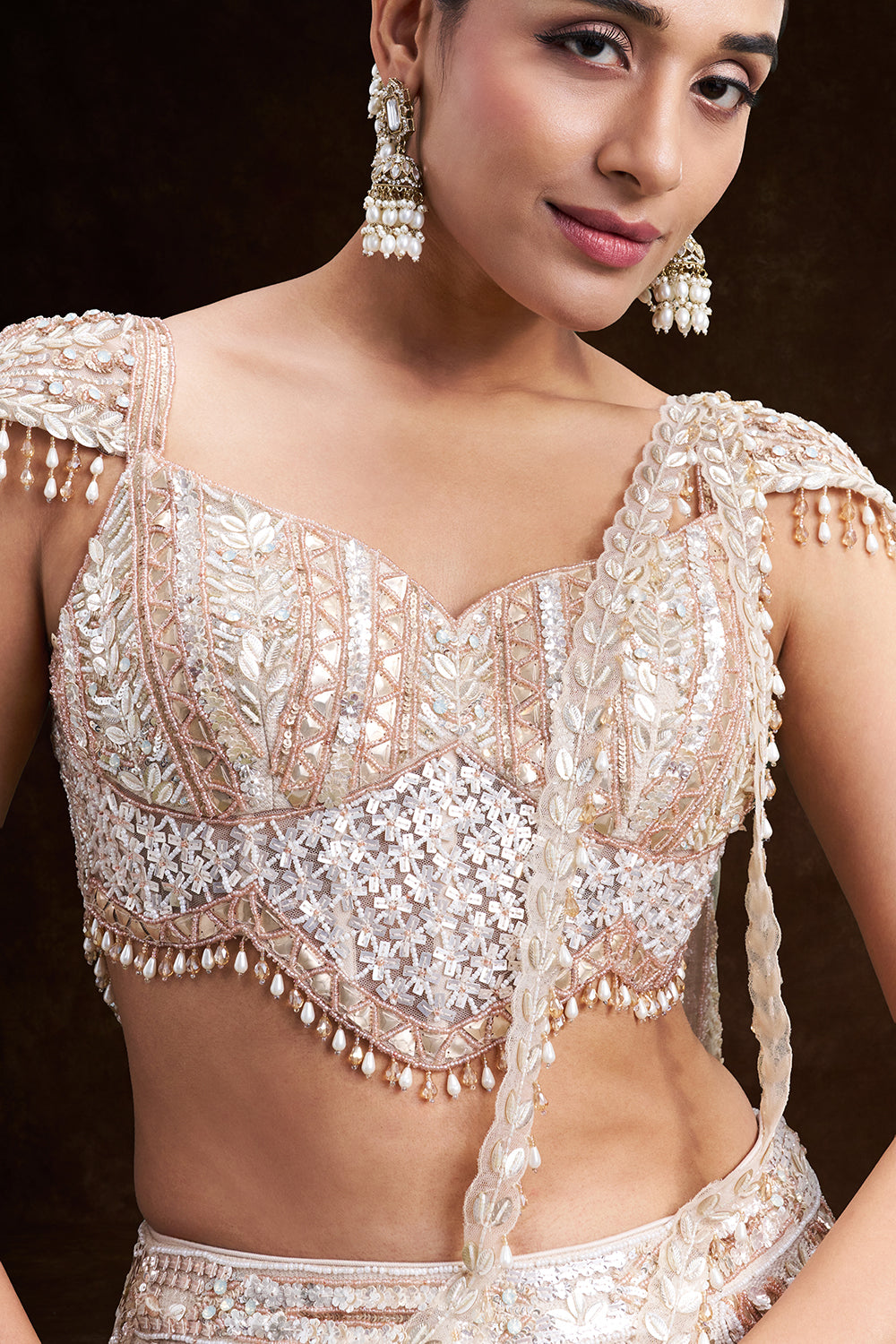 Peach and Silver Net Bridal Lehenga with 3D Floral Embroidery