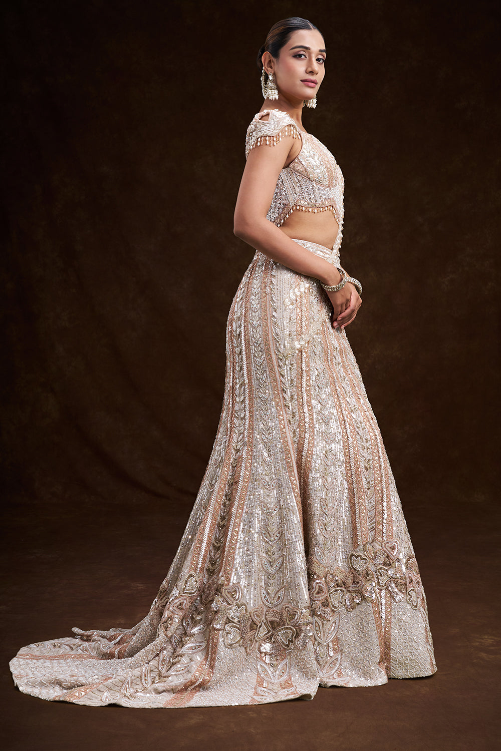 Peach and Silver Net Bridal Lehenga with 3D Floral Embroidery