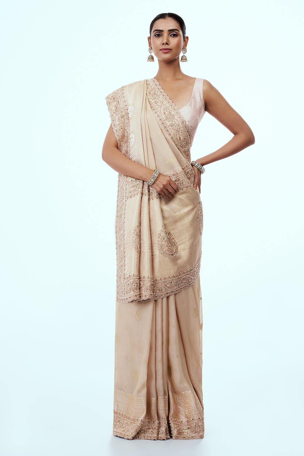 Peach Brocade Embellished Saree with Zari Work