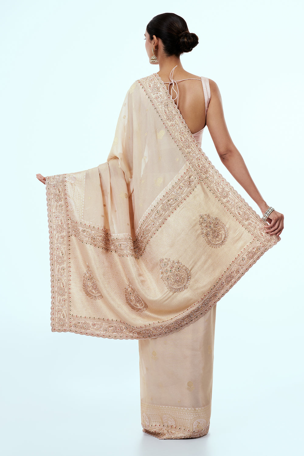 Peach Brocade Embellished Saree with Zari Work