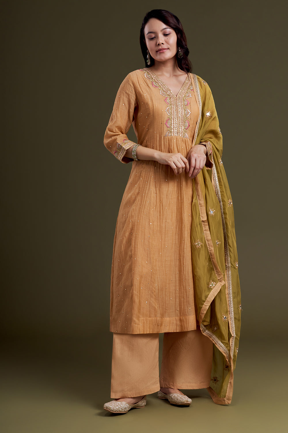 Peach Chanderi Silk Kurta Set
