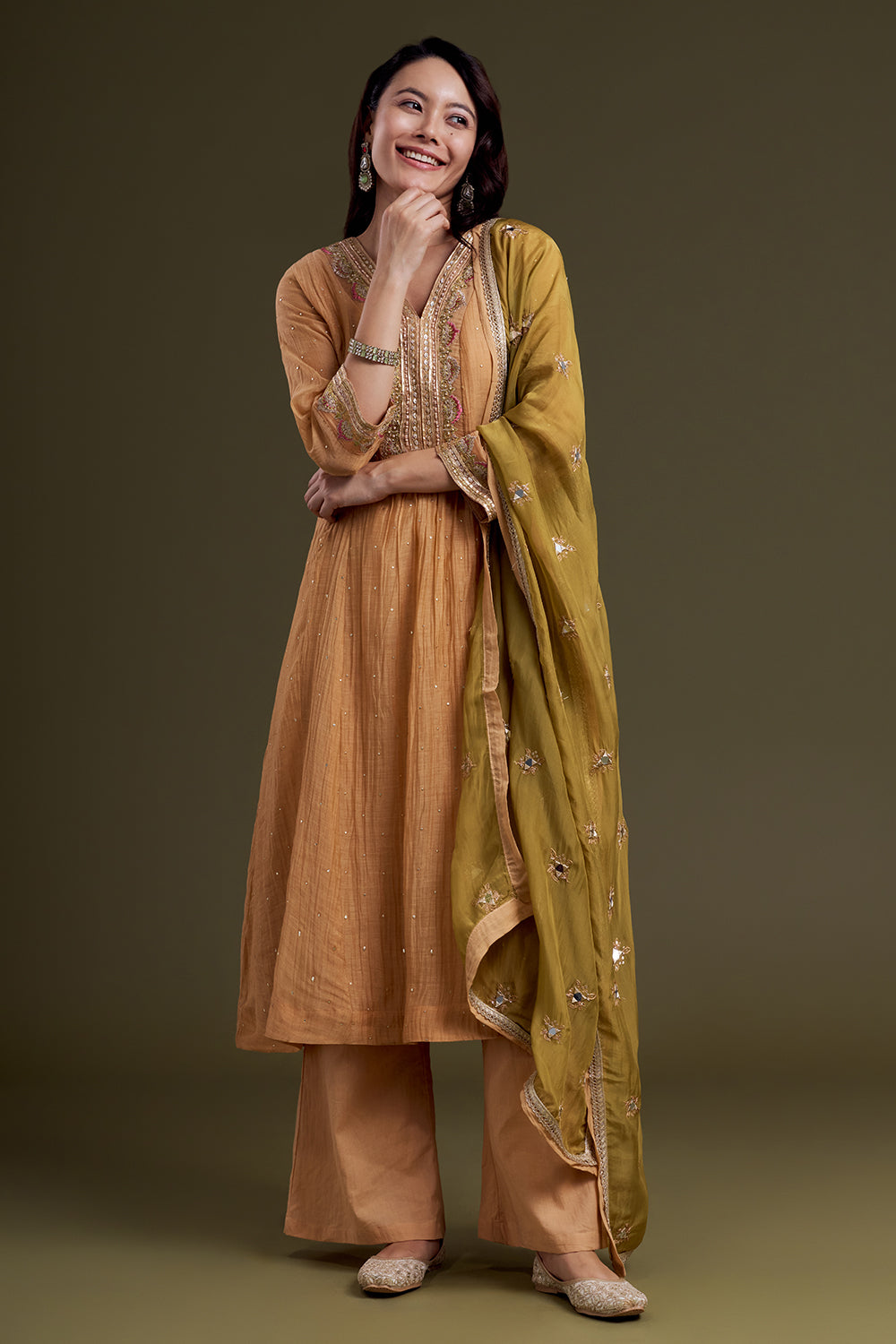Peach Chanderi Silk Kurta Set
