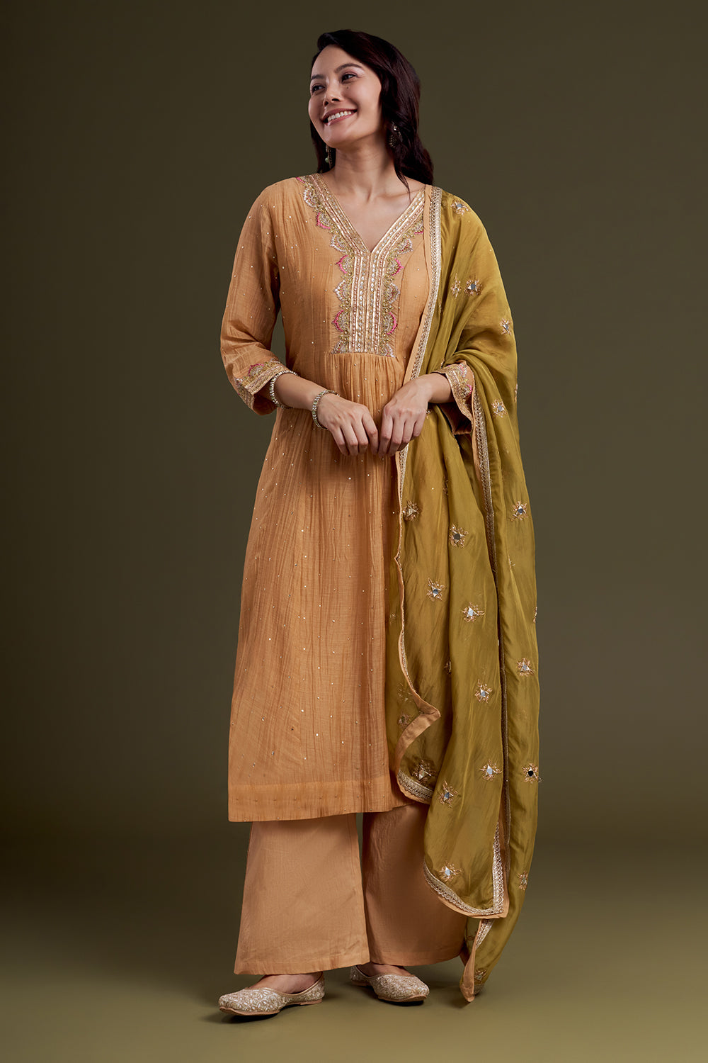 Peach Chanderi Silk Kurta Set