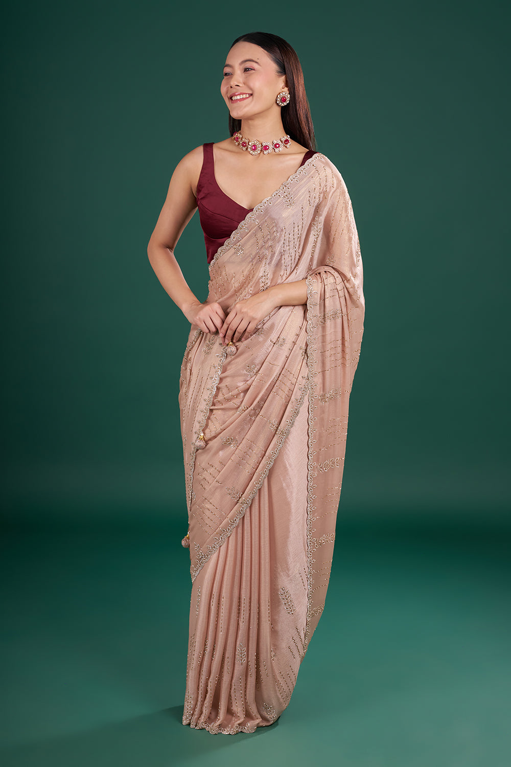 Peach Chinon Saree with Cutdana Work and Unstitched Blouse