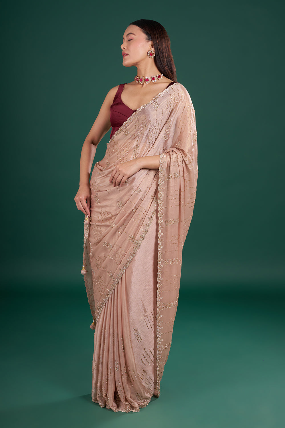 Peach Chinon Saree with Cutdana Work and Unstitched Blouse
