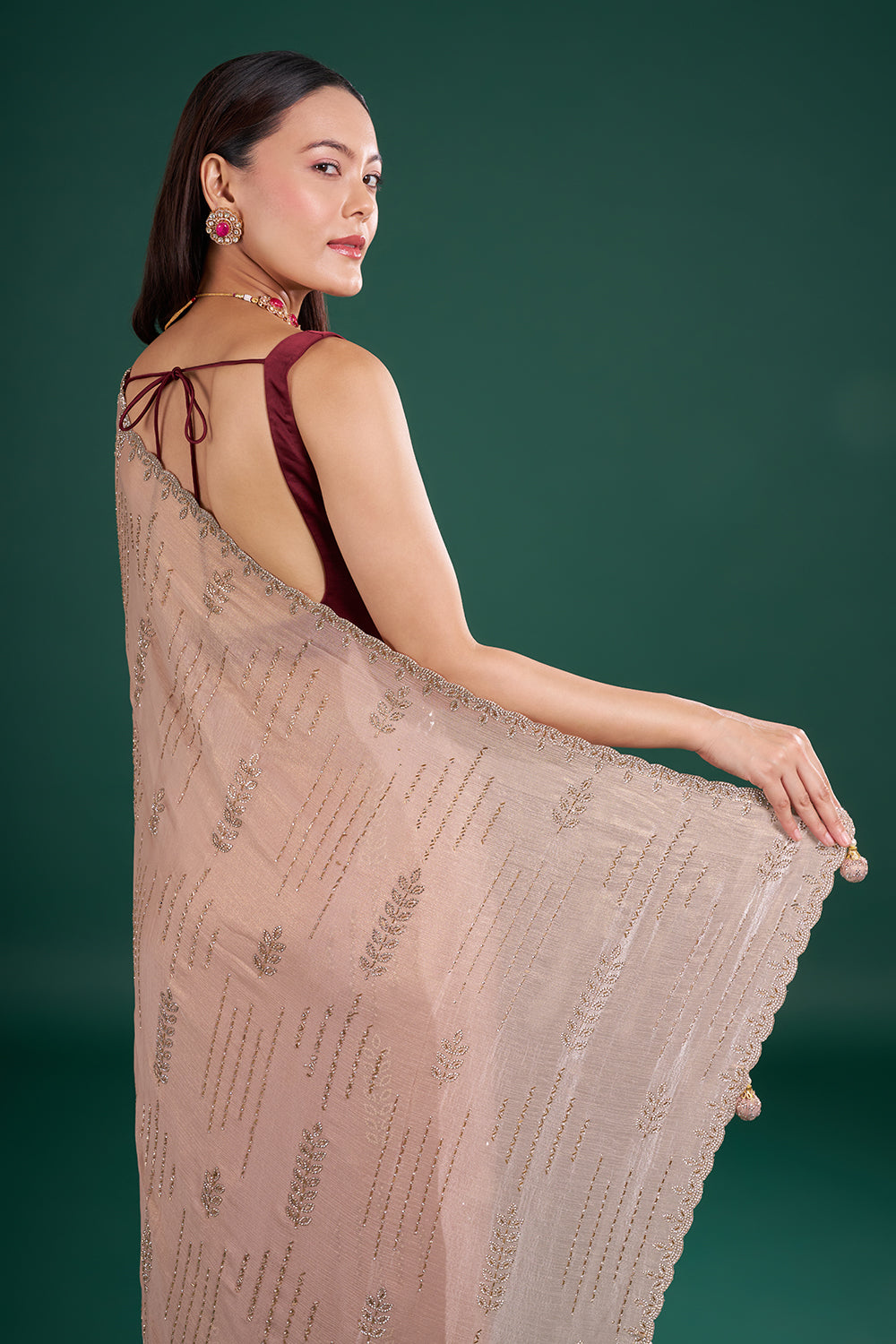 Peach Chinon Saree with Cutdana Work and Unstitched Blouse