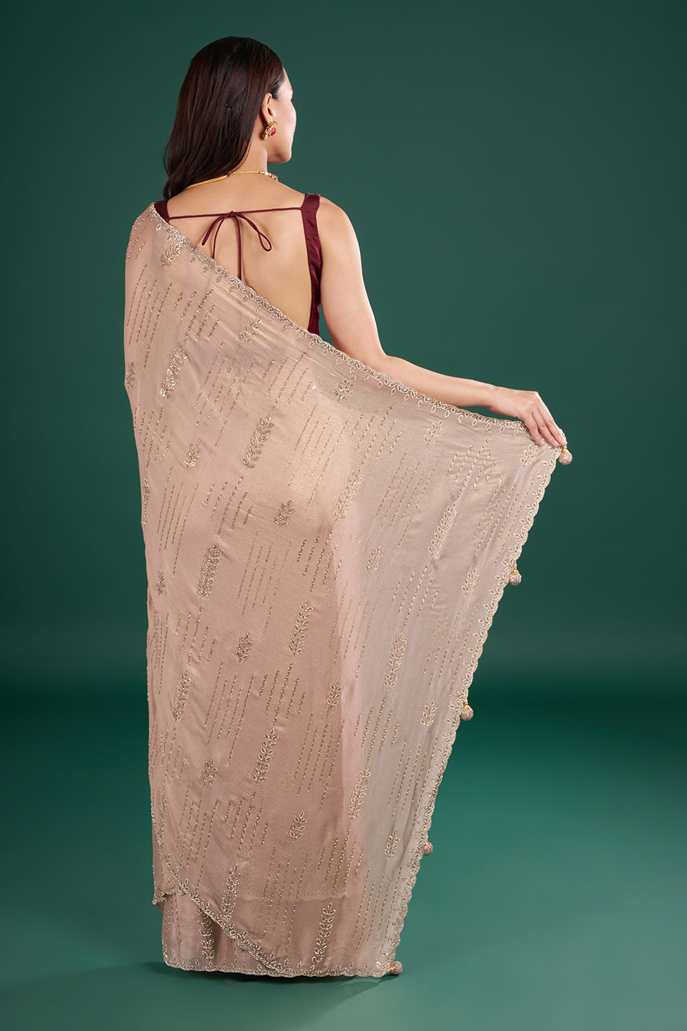 Peach Chinon Saree with Cutdana Work and Unstitched Blouse