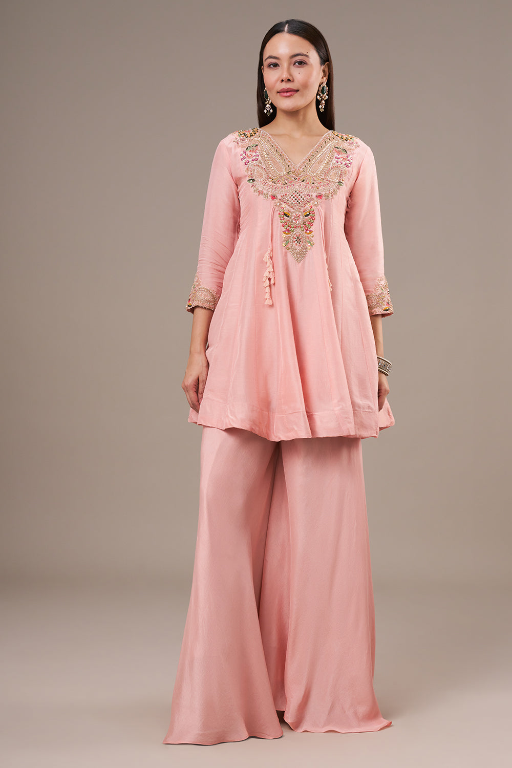 Peach Cotton Silk Palazzo Suit with Gota and Zardosi Work
