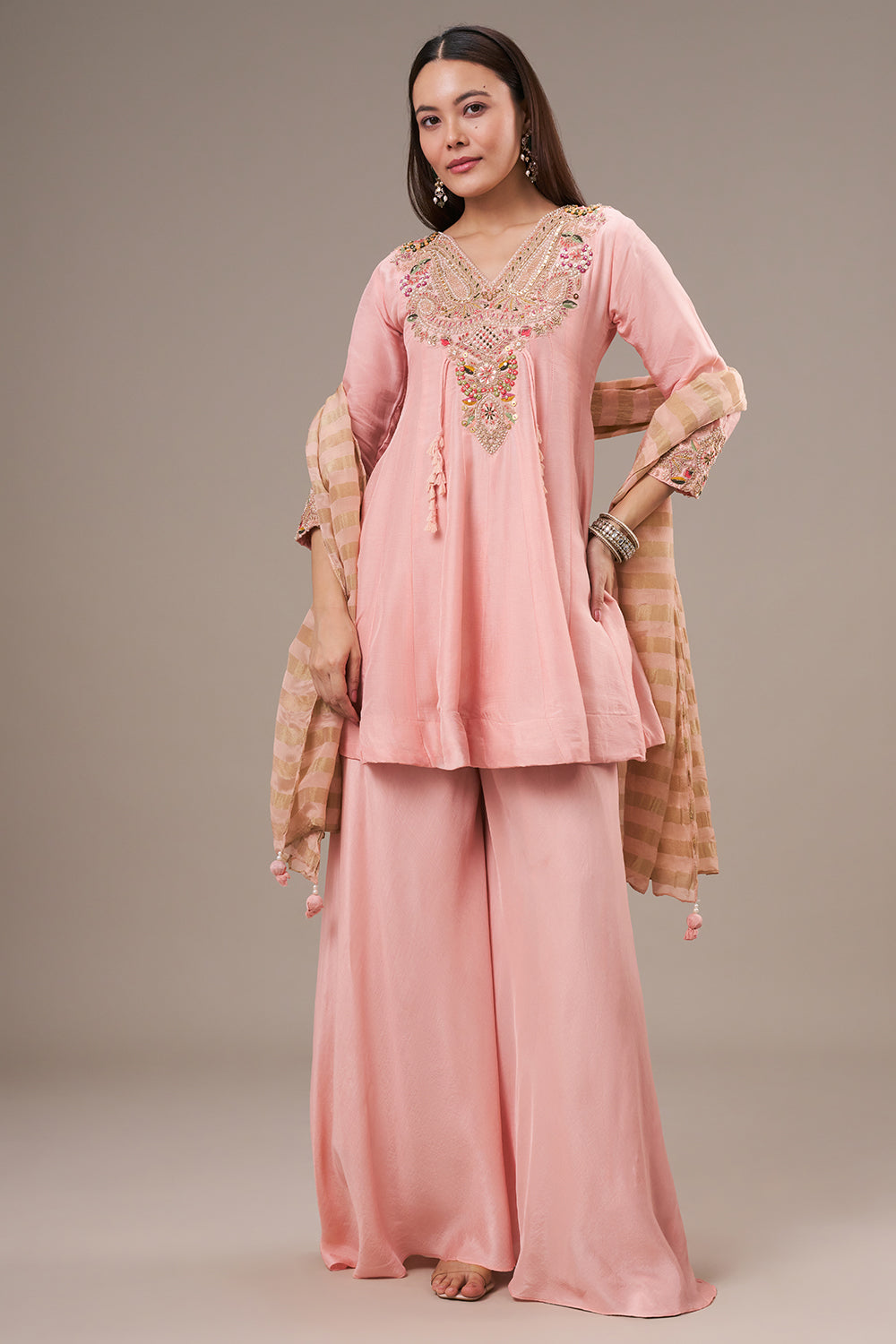 Peach Cotton Silk Palazzo Suit with Gota and Zardosi Work