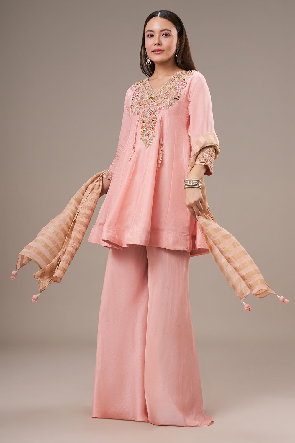Peach Cotton Silk Palazzo Suit with Gota and Zardosi Work