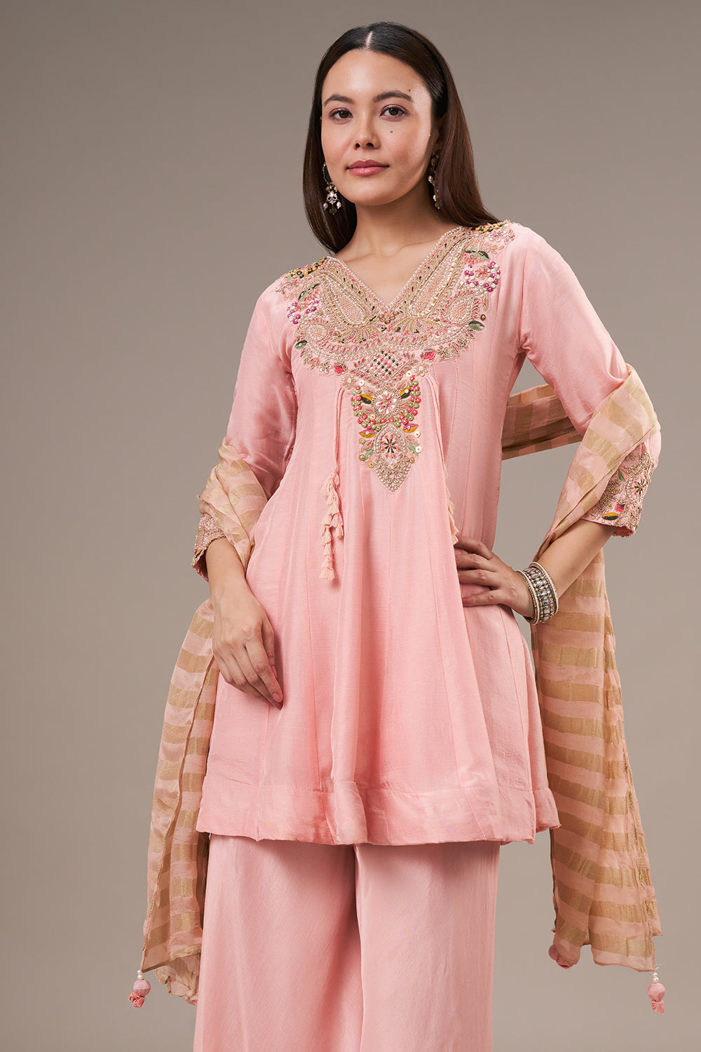 Peach Cotton Silk Palazzo Suit with Gota and Zardosi Work