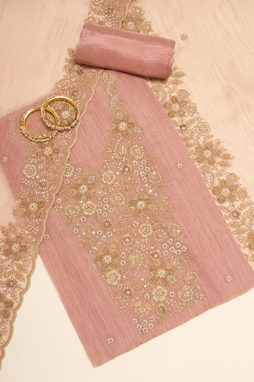 Peach Floral Embroidered Unstitched Suit Set