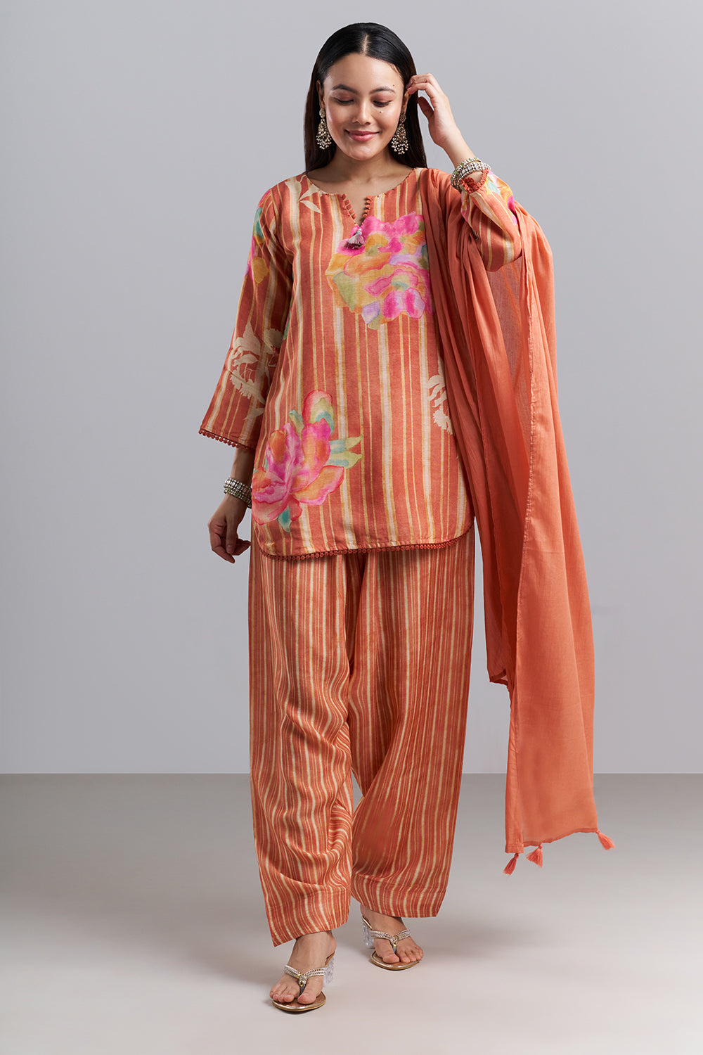 Peach Floral Printed Kurta Patiala Set with Dupatta