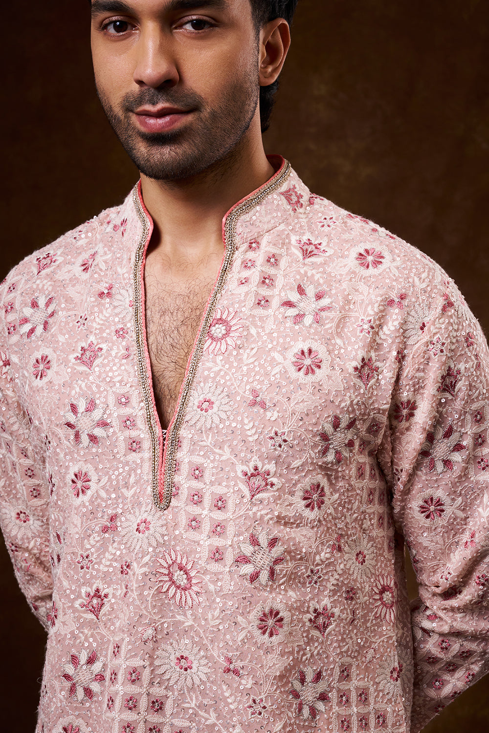 Peach Georgette Men's Kurta Set with Resham Work