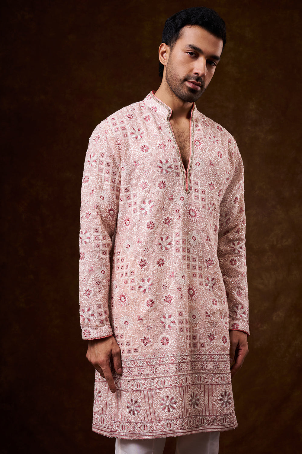 Peach Georgette Men's Kurta Set with Resham Work