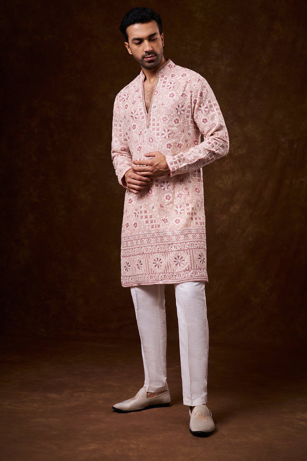 Peach Georgette Men's Kurta Set with Resham Work