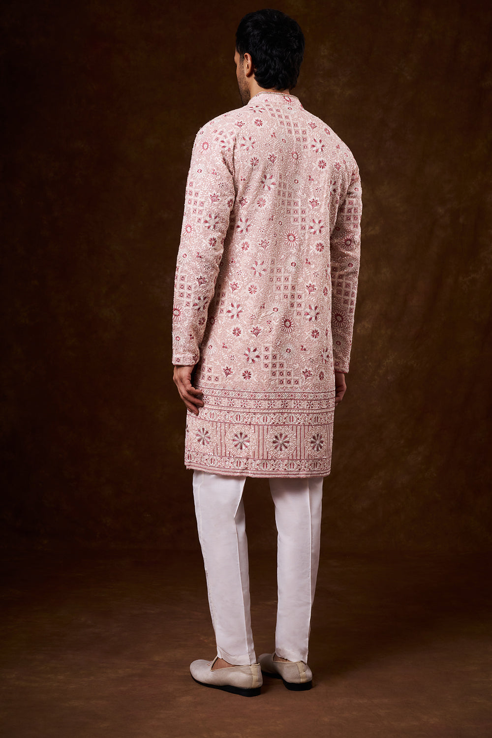 Peach Georgette Men's Kurta Set with Resham Work