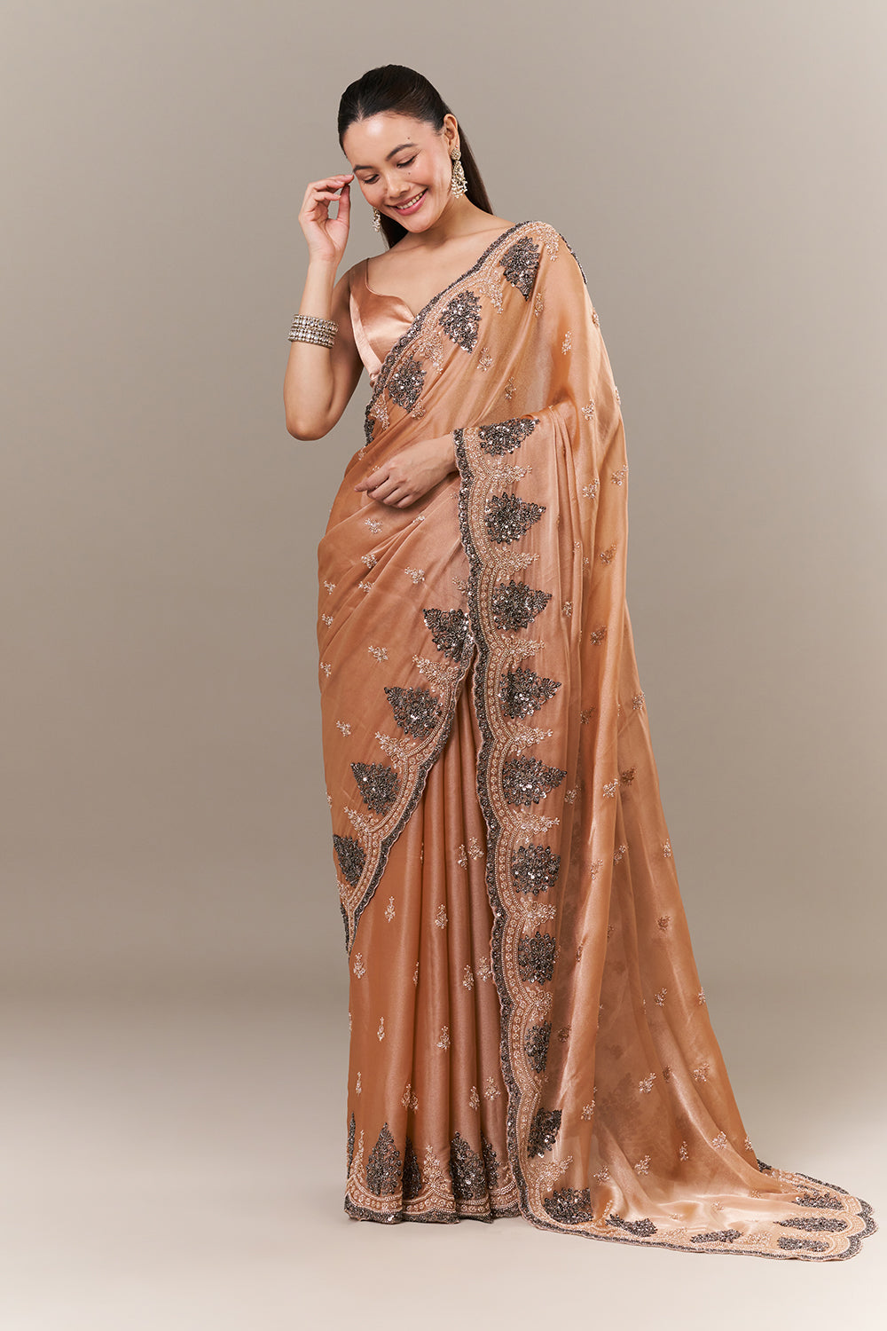 Peach Glass Organza Saree with Sequin and Cutdana Work