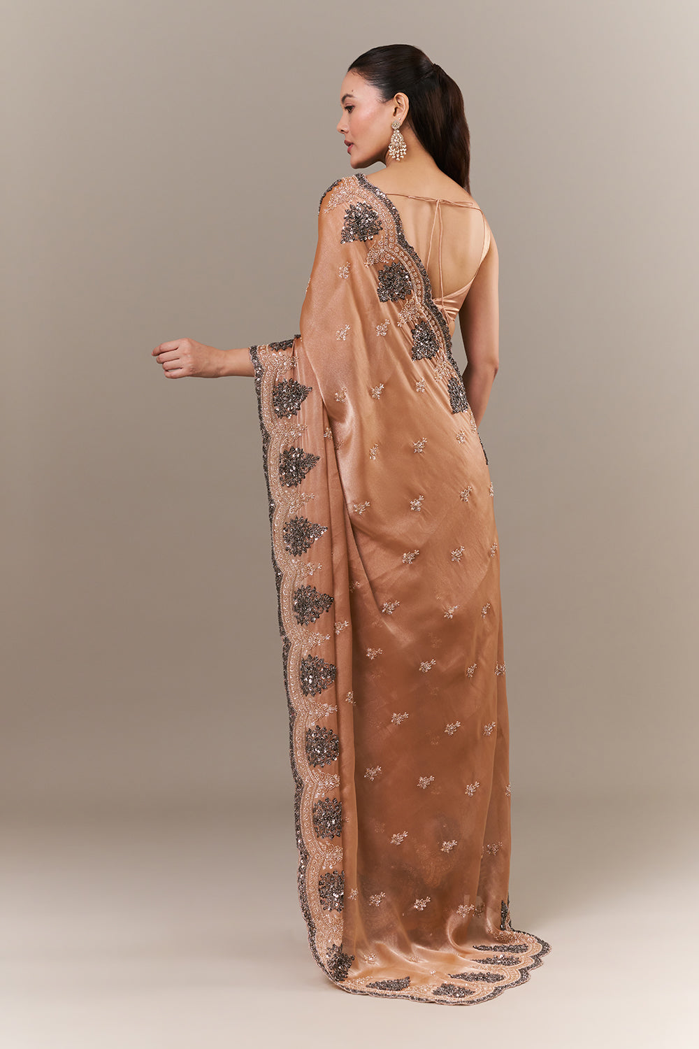 Peach Glass Organza Saree with Sequin and Cutdana Work