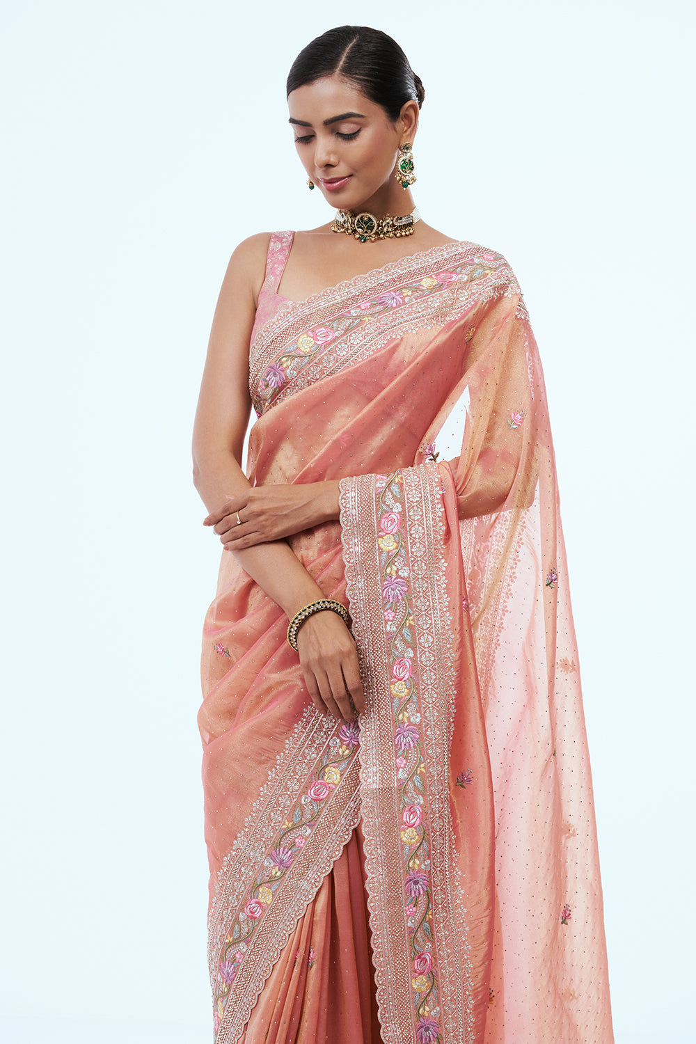 Peach Glass Tissue Saree with Booti Work