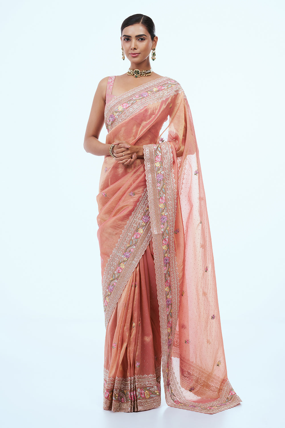 Peach Glass Tissue Saree with Booti Work