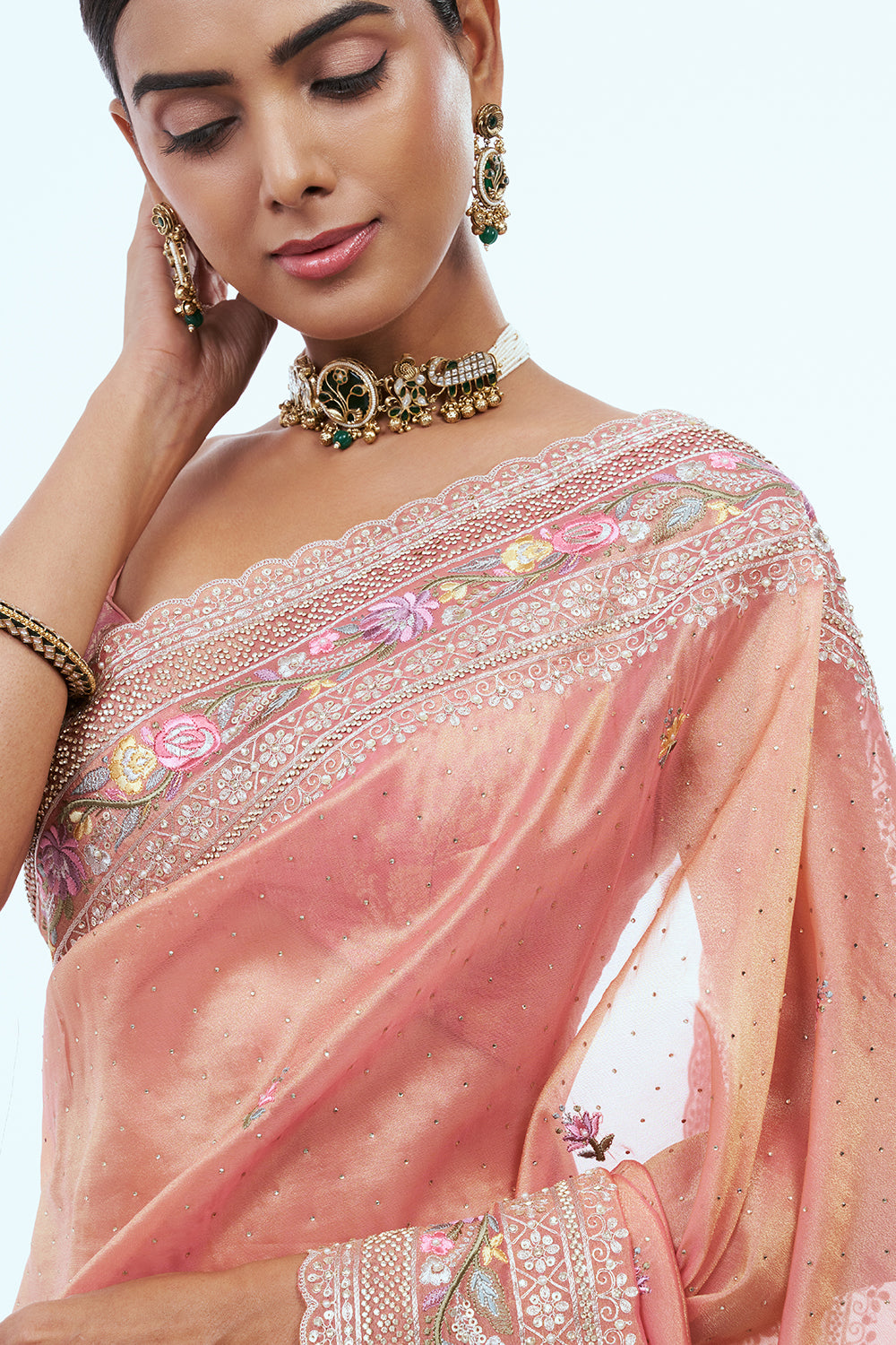 Peach Glass Tissue Saree with Booti Work