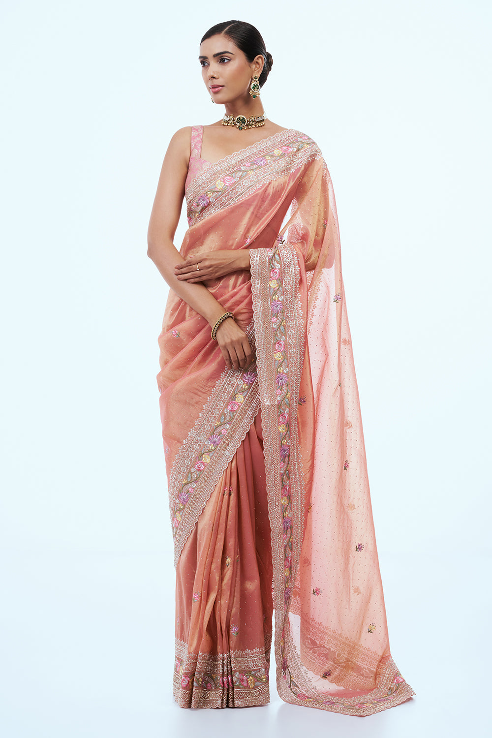 Peach Glass Tissue Saree with Booti Work